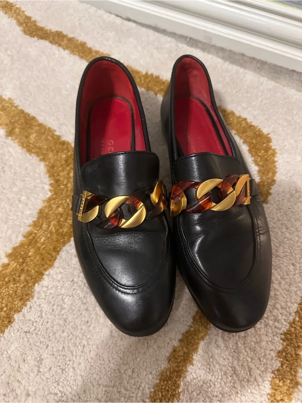 Kurt Geiger Black Leather Loafers with Gold Chain size 37 women’s